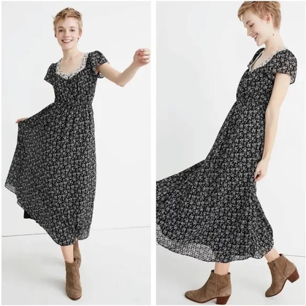 Madewell Print-Mix Sheer-Sleeve Dress In Branch Floral Black White